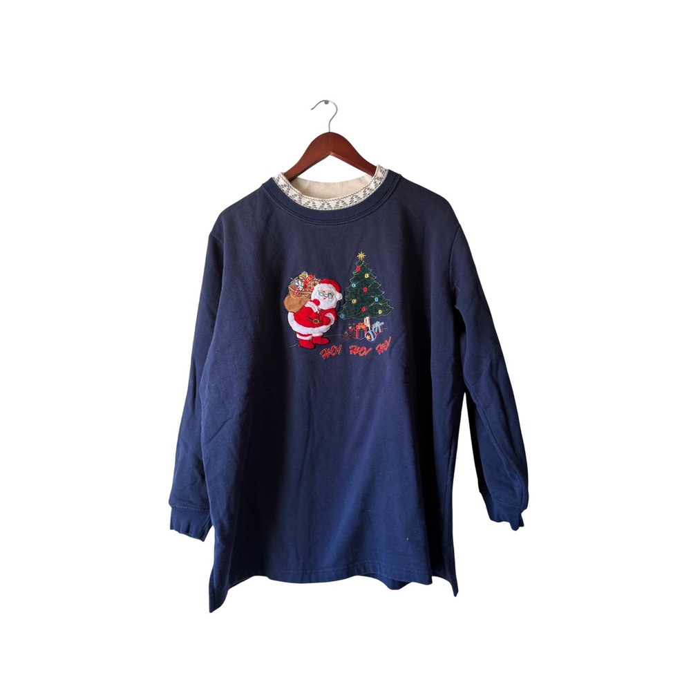 Vintage Woman Navy Blue Santa Embroidered Christmas Sweatshirt 18W/20W
